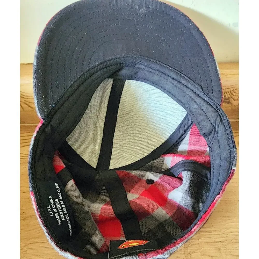 DC Comics Superman Hat L/XL Plaid Red Black Gray White Flat Bill Cap Men's